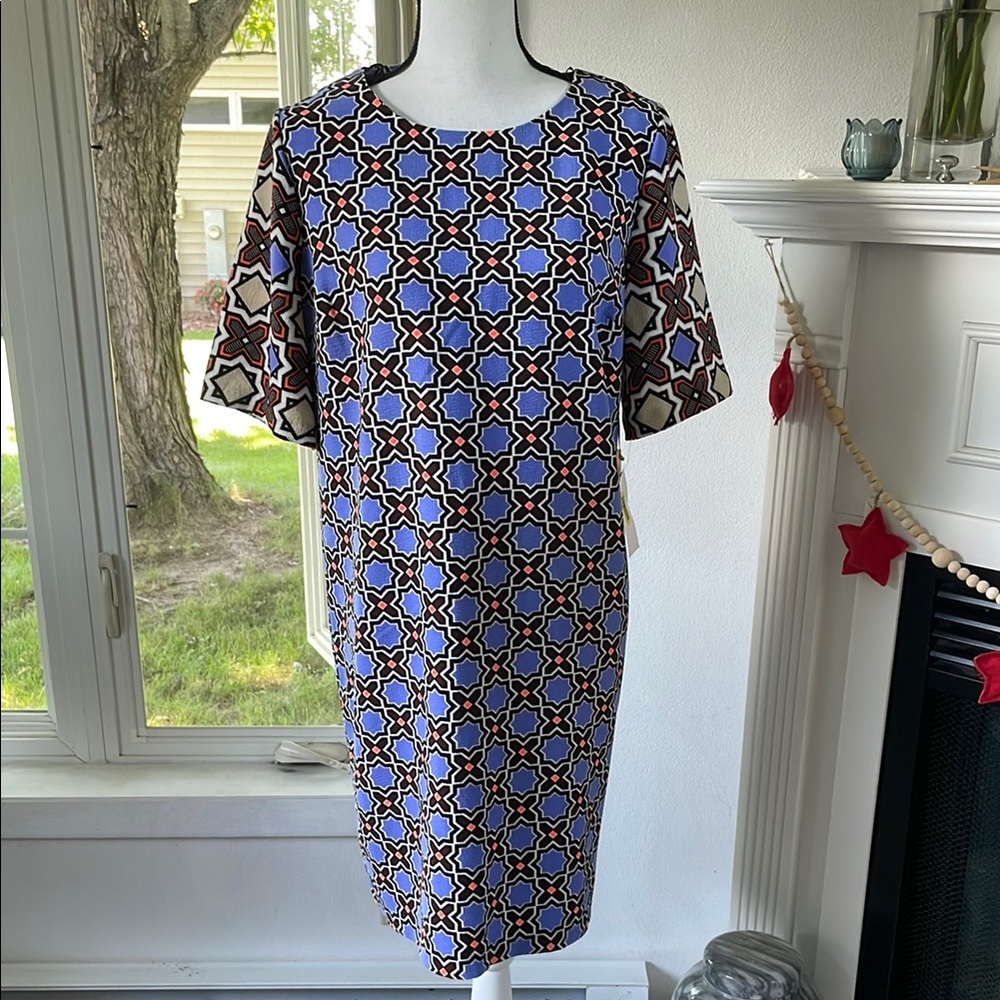 Geometric Print Shift Dress - Blue & Black